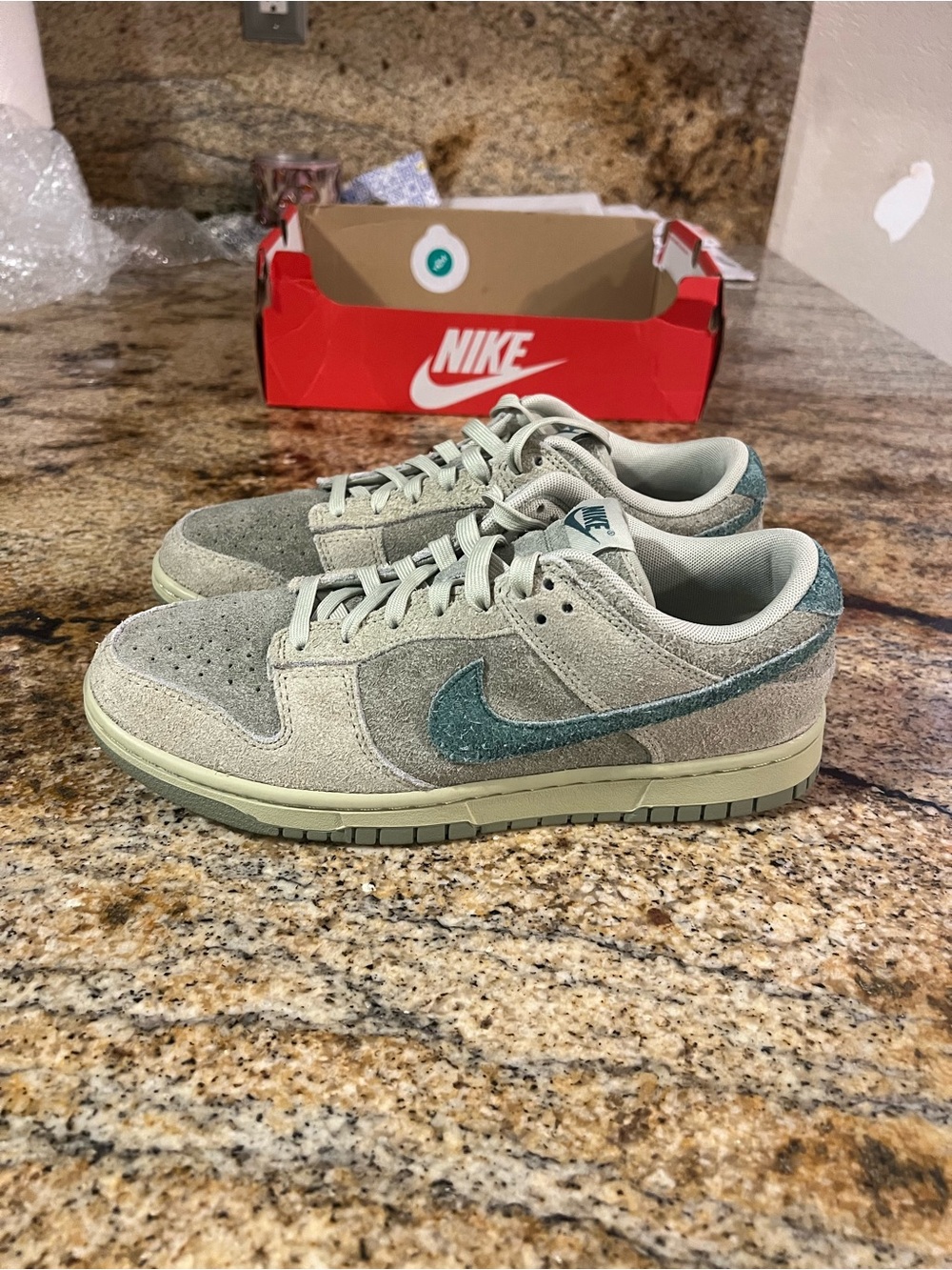 Nike Dunk Low Suede Sneakers in Olive and Teal - Picture 2 of 10